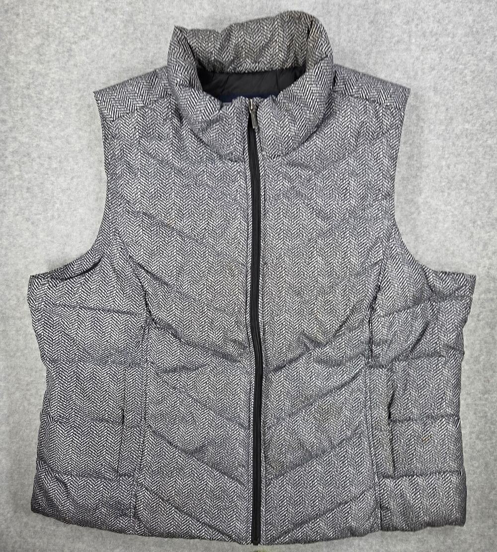 Lands End Down Puffer Vest Womens 1X 16W-18W Black Gray Quilted cozy layering